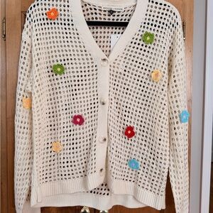 Madison + Hudson Cream Open-Knit Button Cardigan |Multicolor Crochet Flowers